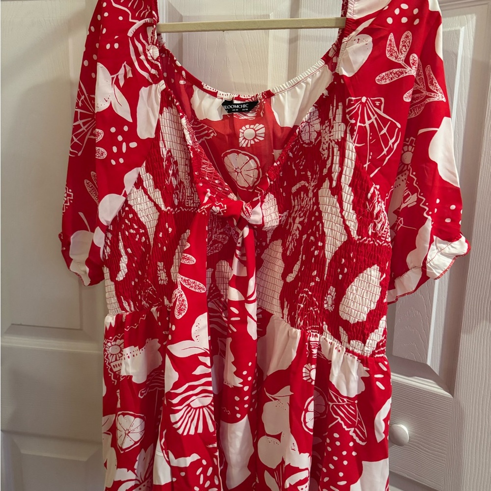 Tropical print bow knot shirted lantern sleeve blouse